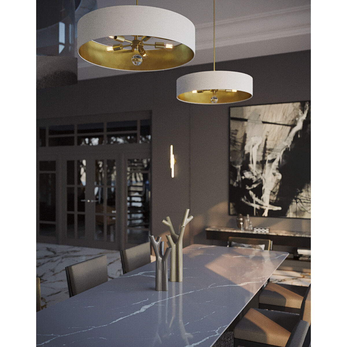 Celine 5 Light 30 inch Black Pendant Ceiling Light in White/Gold, Dual Mount