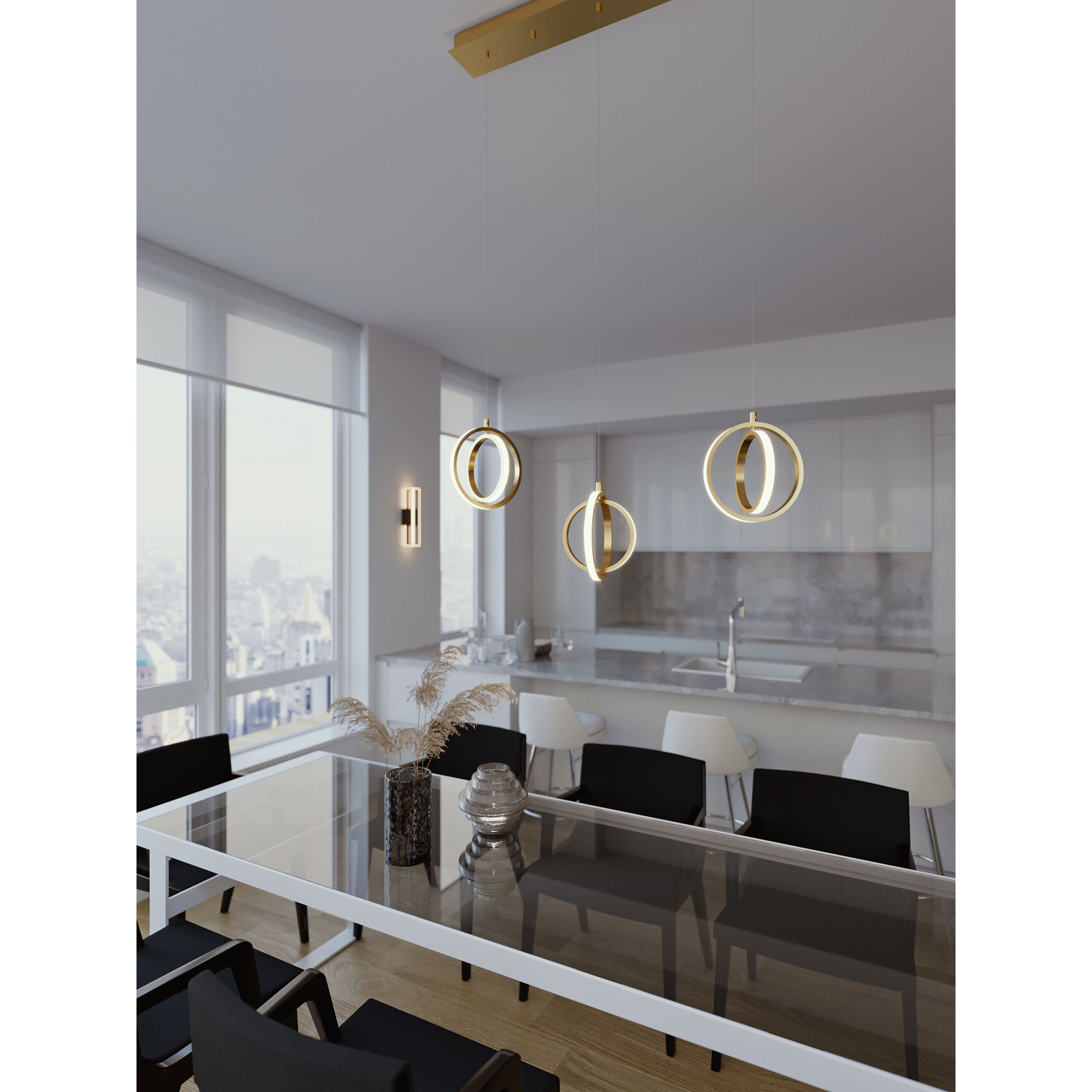 Lock 3 Light 9 inch Satin Brass Linear Pendant Ceiling Light